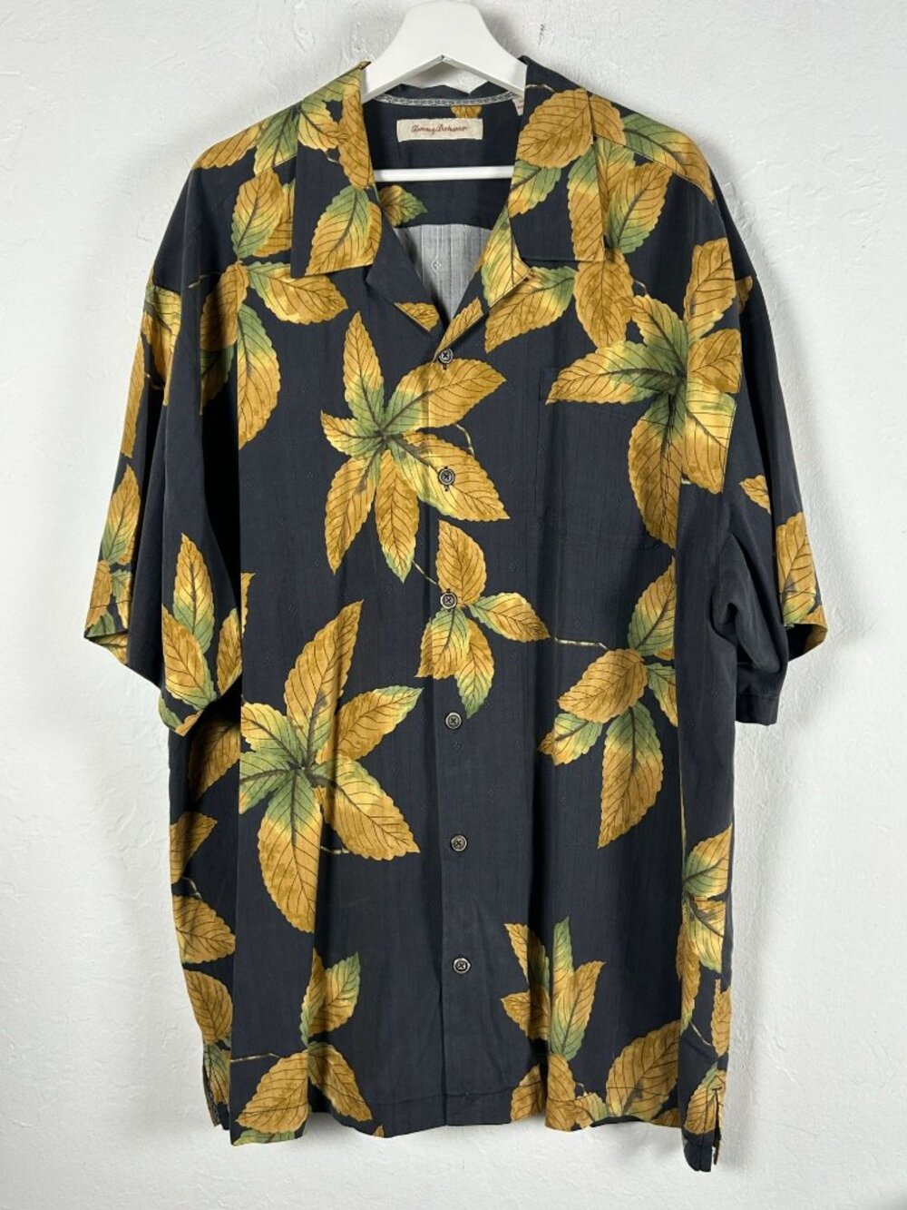 Tommy Bahama Mens Black & Gold Leaf Tropical Print 100% Silk Camp Shirt XXL